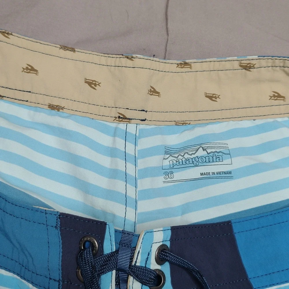 Patagonia Wave Tag Shorts Size 36 Blue Striped‎ Wavefarer Swim Trunks